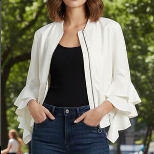# A216  Street Chic  CQ by CQ  White Ruffle Sleeve  Bomber Jacket  NWOT  S